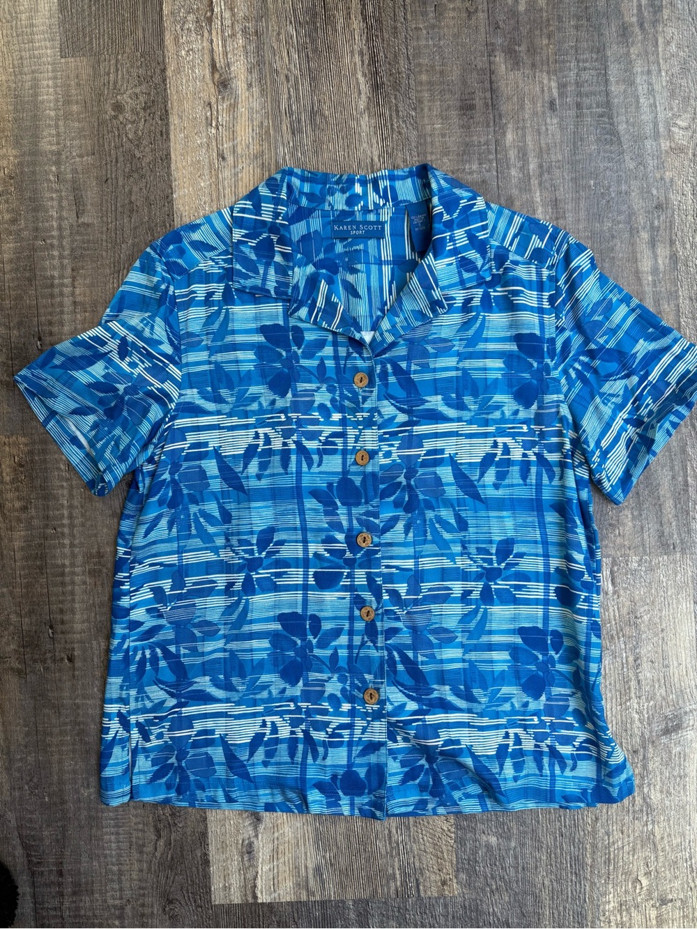 Karen Scott Sport Womens Rayon Aloha Hawaiian Shirt Blue Tropical Print Small S